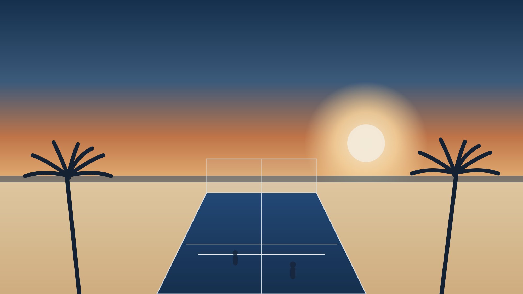 A glass padel court at golden hour, framed by palms